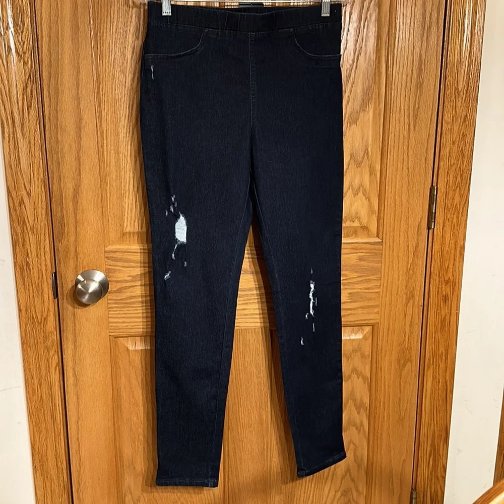 Hue Studio Women's Distressed Stretchy Denim Leggings - Midnight Rinse -… - Picture 6 of 14